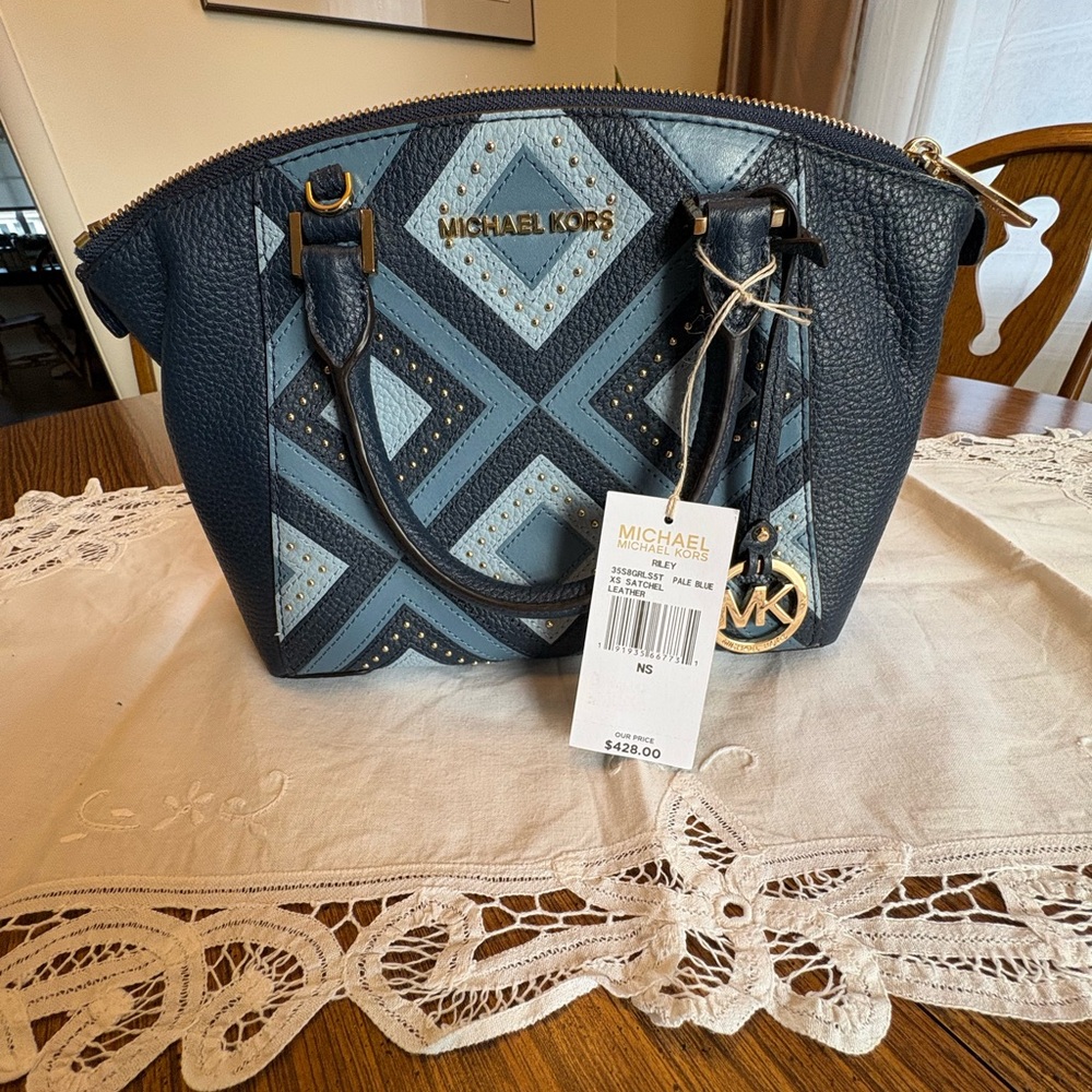 Michael Kors Pale Blue & Navy Geometric Leather Satchel